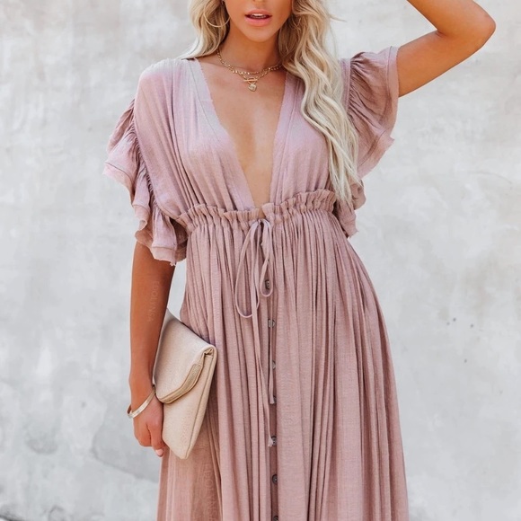 Dresses & Skirts - Light Dusty Pink Gauze Boho Button Maxi Coverup Dress